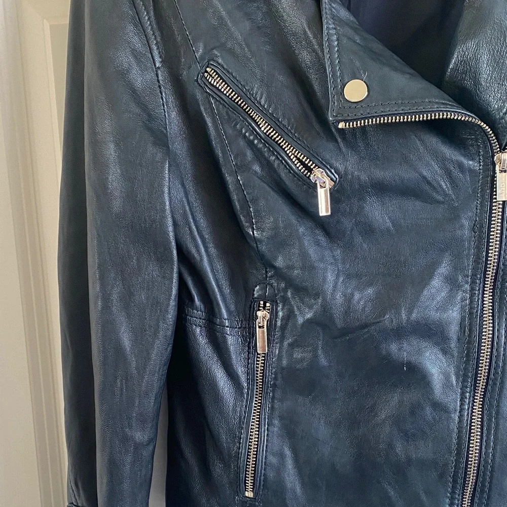 Stradivarius Dark Blue Leather Moto Jacket - Picture 3 of 5
